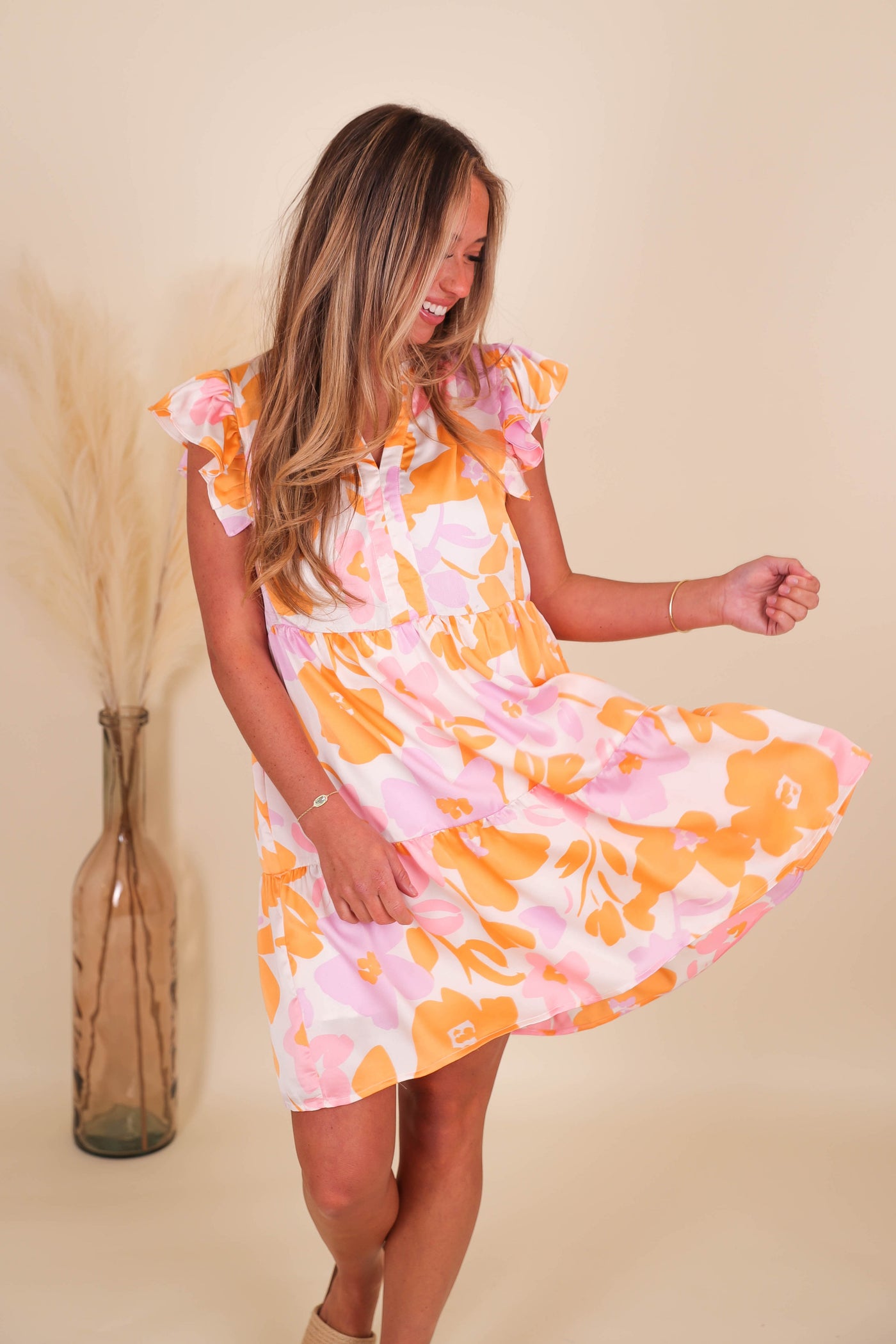 Pink And Orange Floral Print Dress- Colorful Women's Dresses- Mittoshop Floral Dress