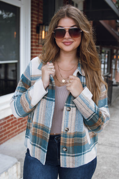 Teal and Brown Plaid Jacket- Plaid Teal Shacket- Women's Oversized Cropped Shacket- Blue B Plaid Shacket