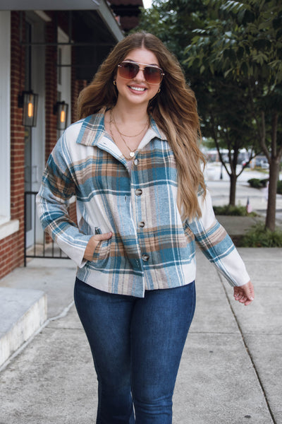 Teal and Brown Plaid Jacket- Plaid Teal Shacket- Women's Oversized Cropped Shacket- Blue B Plaid Shacket