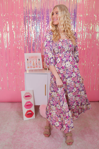 Purple Floral Midi Dress- Beautiful Multi Floral Print Midi Dress