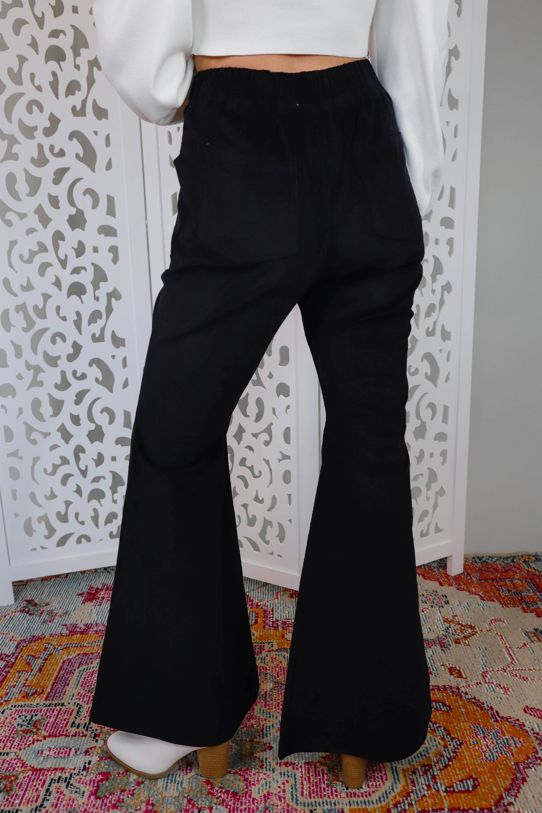 Black Corduroy Flare Pants- Elastic Black Flared Pants
