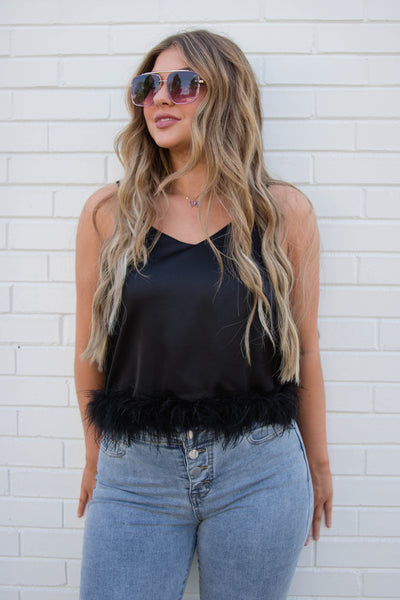 Black Feather Tank- Stain Feather Top- Black Feather Top- Entro Feather Tank