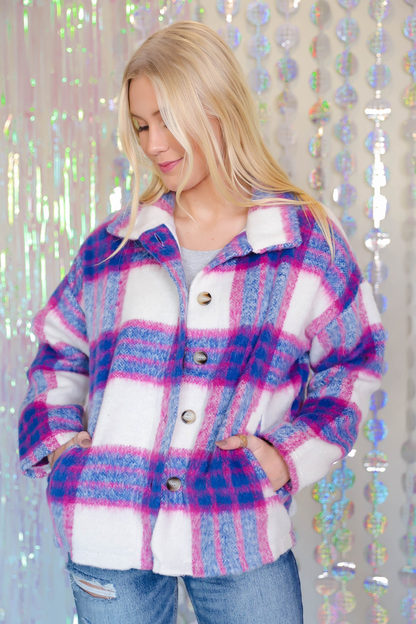 Vibrant Checked Shacket with Pockets- Women's Button Down Flannel- Blue B Flannel
