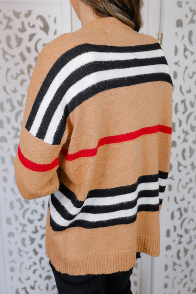 Classic Striped Cardigan- Signature Print Cardigan- Tan Cardigan with Red Stripe