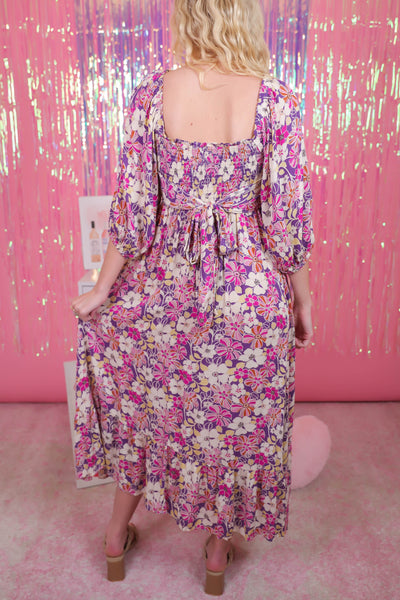 Purple Floral Midi Dress- Beautiful Multi Floral Print Midi Dress