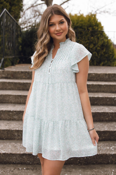 Cute Mint Floral Dress- Mini Floral Dress- Feminie Dresses- $45