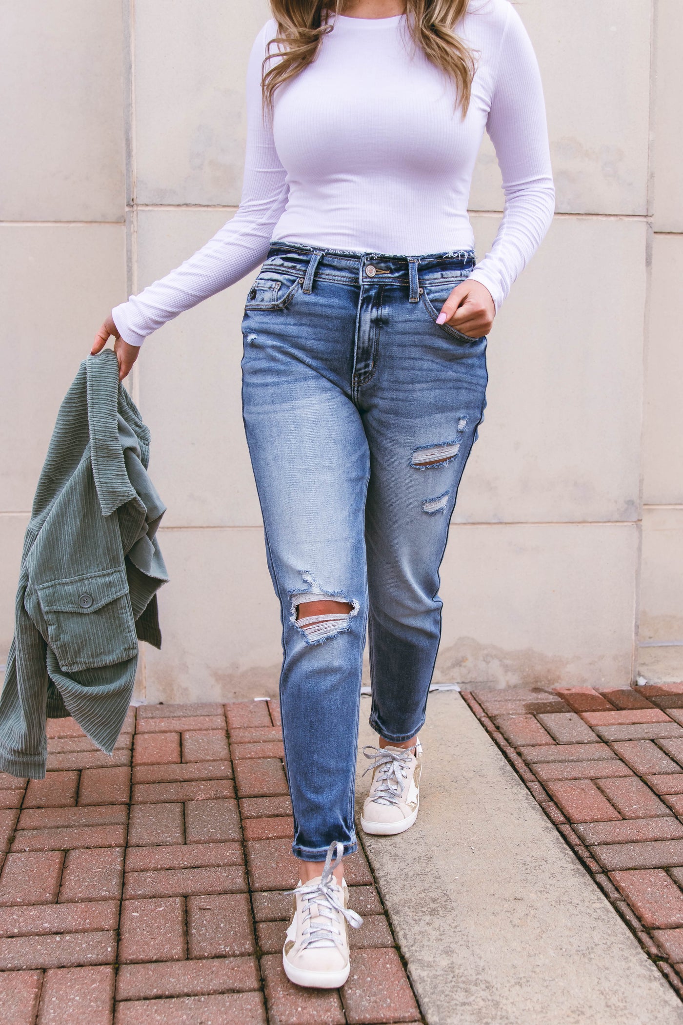 Distressed Mom Jeans- Stretchy And Soft Straight Leg Jeans- Women's Kancan Jeans- $46