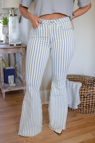 Blue and White Stripe Flares- Stripe Denim Flares- Women's White Flare Jeans- KanCan Flares