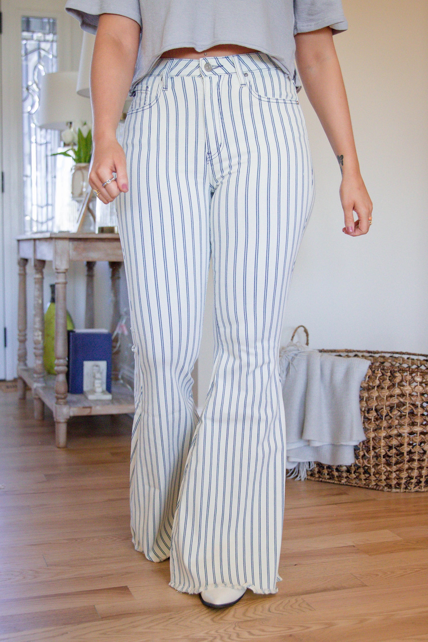 Blue and White Stripe Flares- Stripe Denim Flares- Women's White Flare Jeans- KanCan Flares