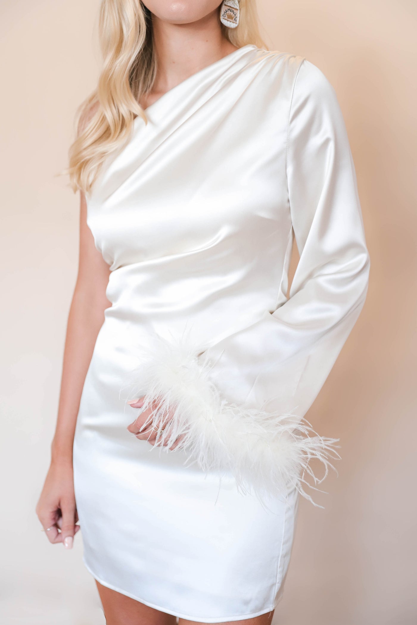 Cream Satin Dress- White Feather Mini Dress- One Shoulder Cocktail Dress- Main Strip Feather Dress