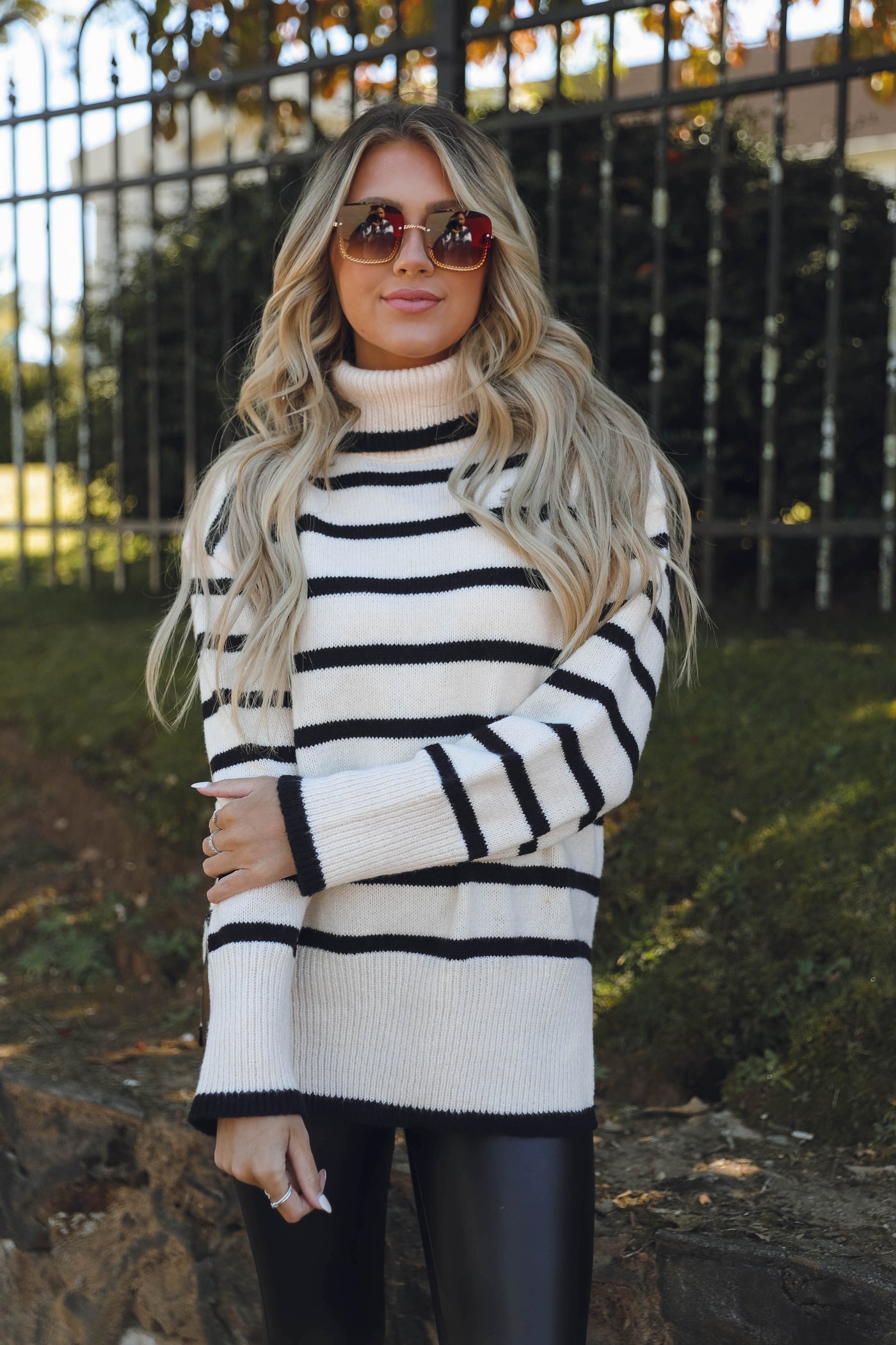 Women's Black and Ivory Striped Sweater- Women's Turtleneck Striped Sweater