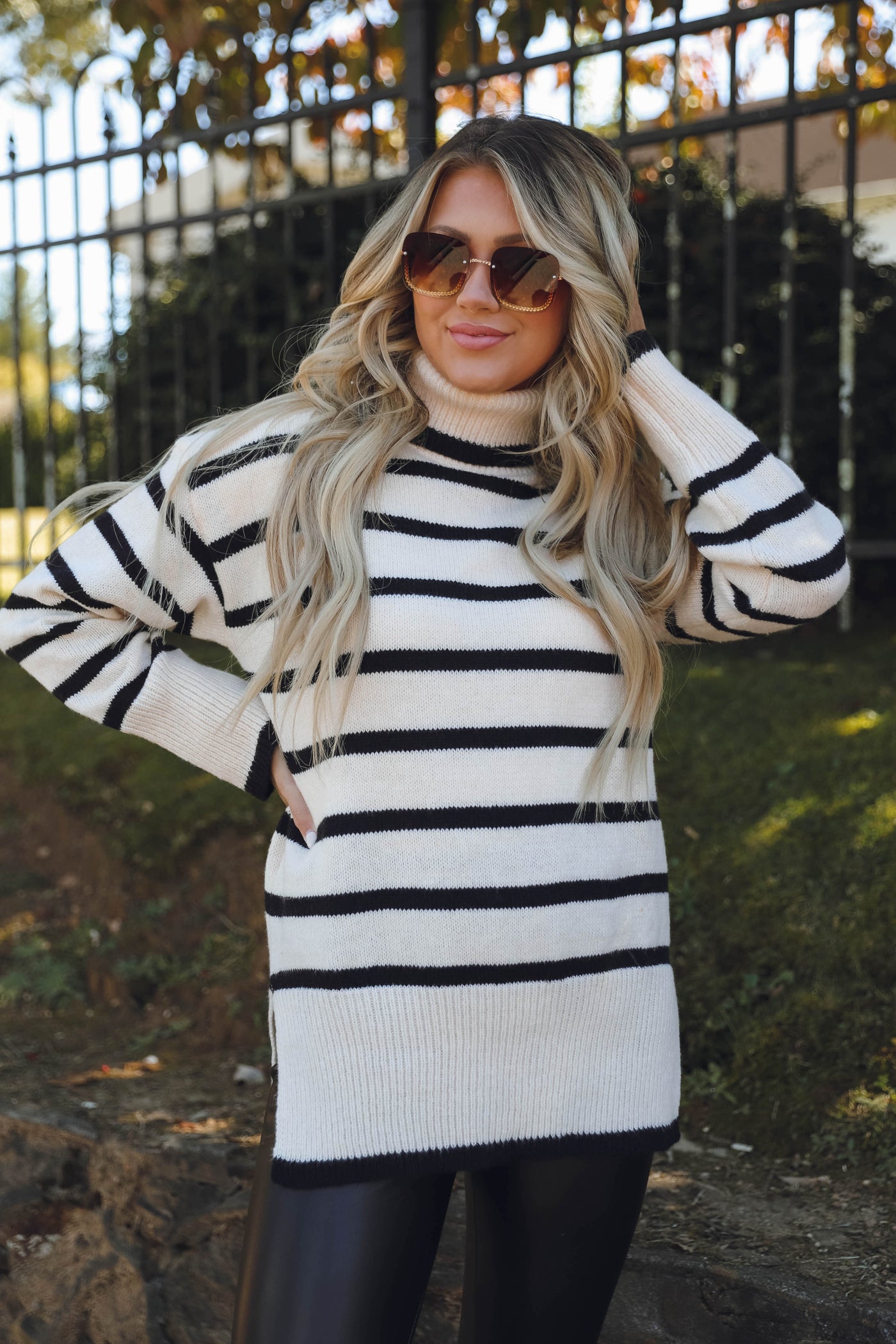 Women's Black and Ivory Striped Sweater- Women's Turtleneck Striped Sweater