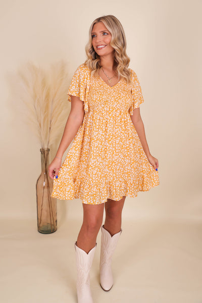 Women's Pretty Yellow Dress- Dress With Smocked Chest- Darling Floral Dress