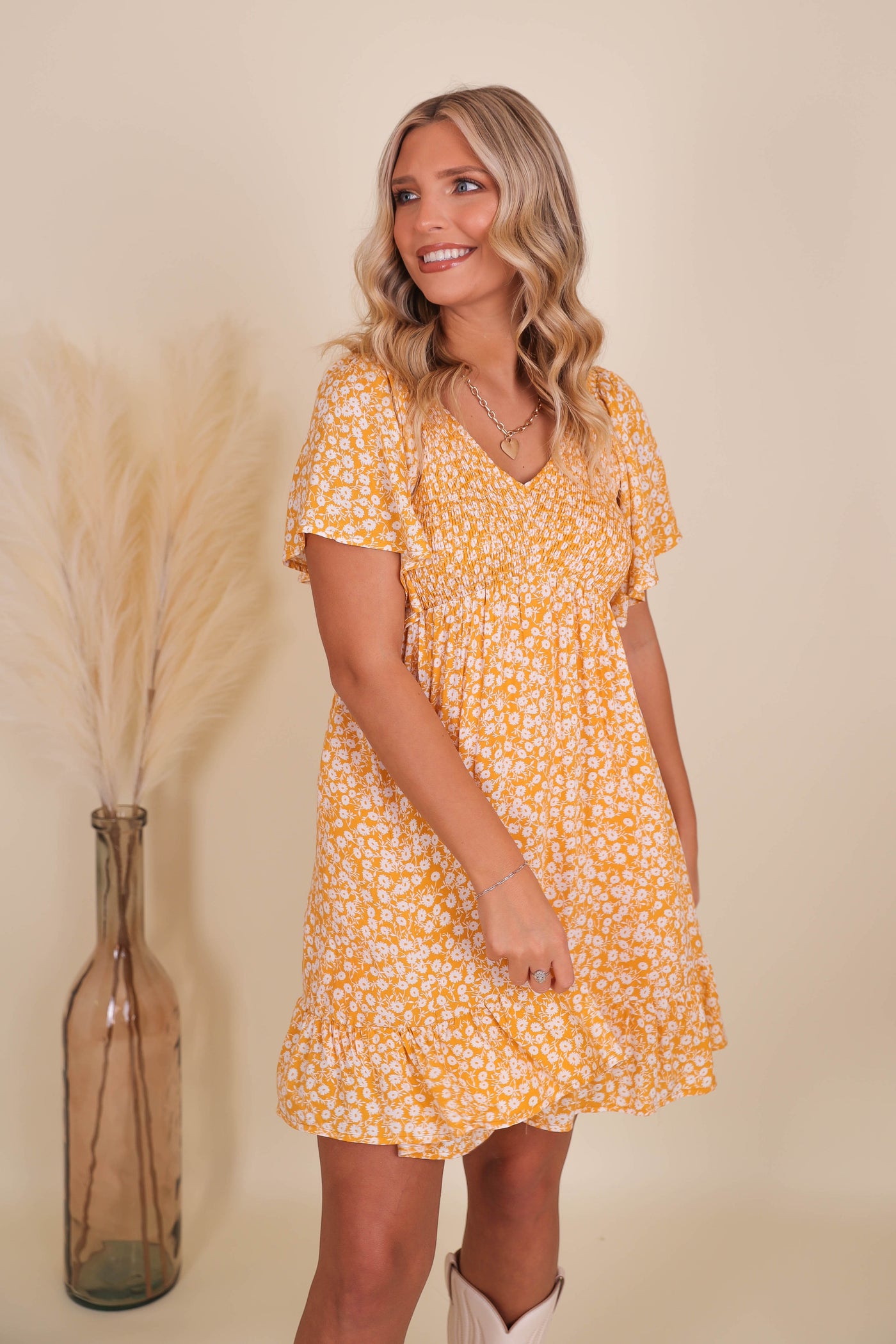 Women's Pretty Yellow Dress- Dress With Smocked Chest- Darling Floral Dress
