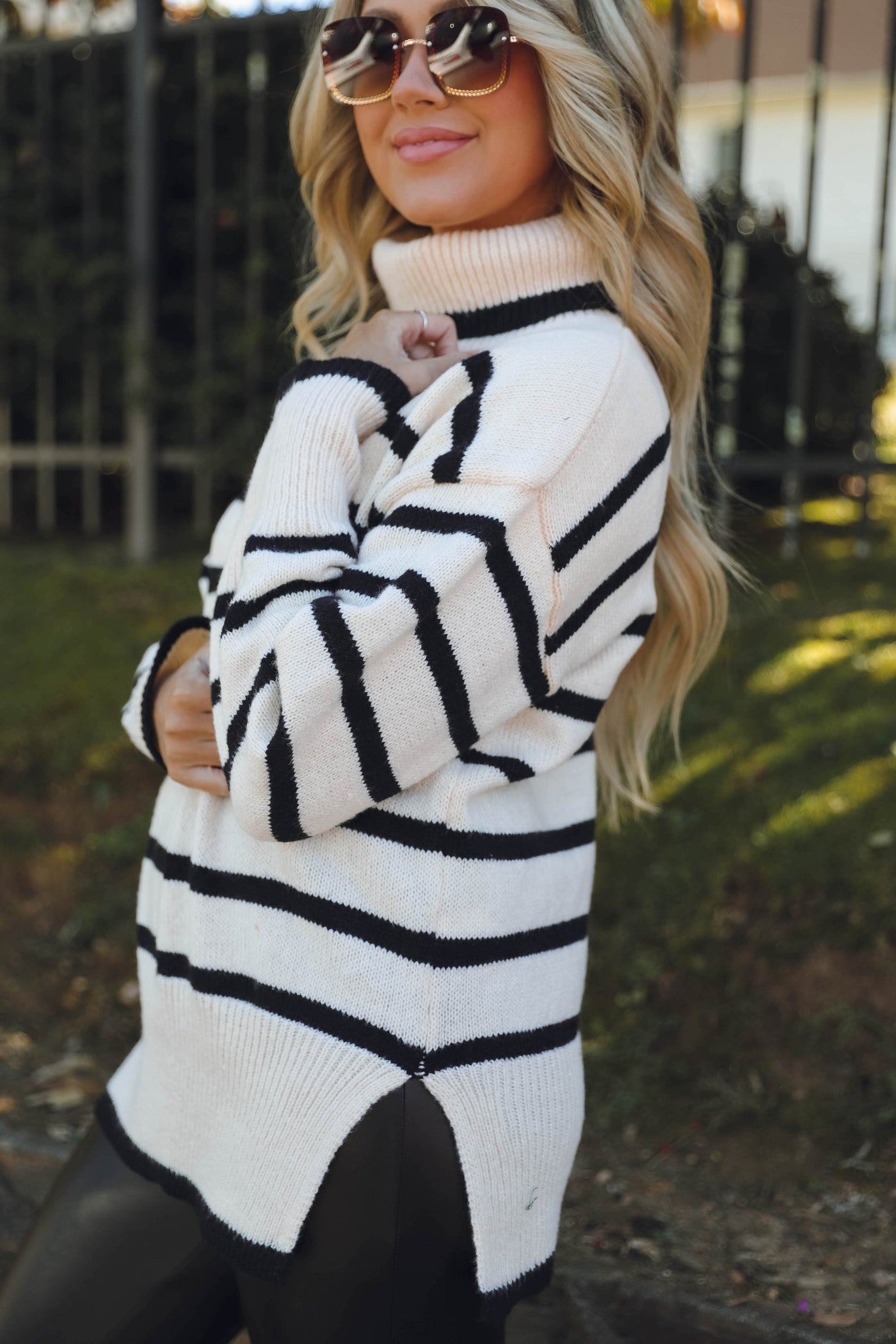 Women's Black and Ivory Striped Sweater- Women's Turtleneck Striped Sweater