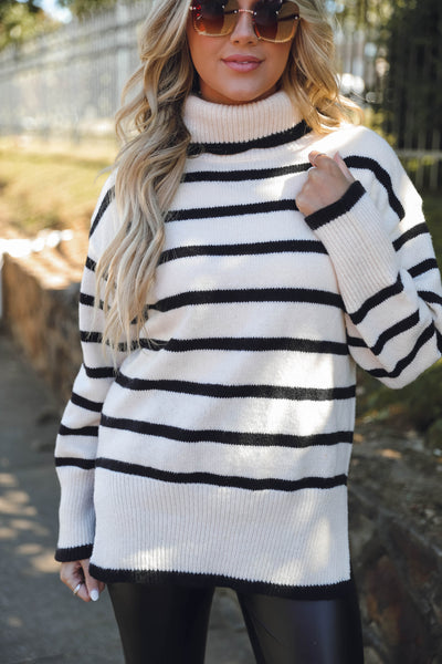 Women's Black and Ivory Striped Sweater- Women's Turtleneck Striped Sweater