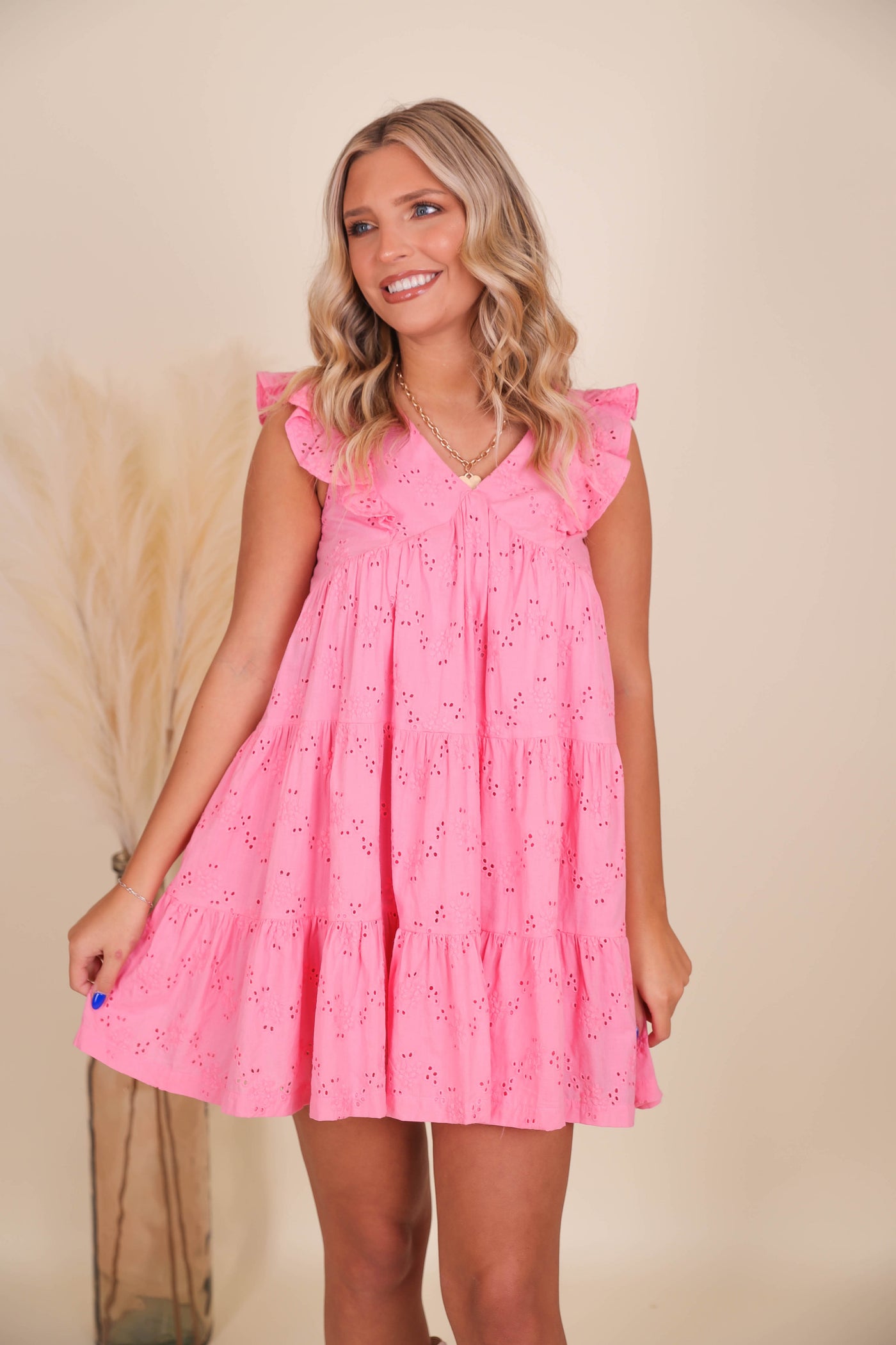 Women's Babydoll Pink Dress- Eyelet Pink Mini Dress- &Merci Pink Dress