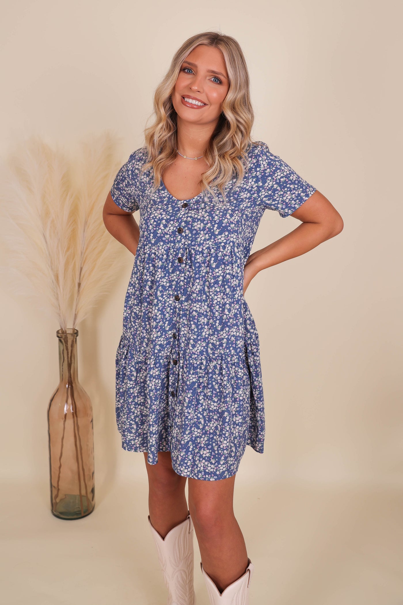 Dainty Floral Print Dress- Tiered Babydoll Doll Dress- Tiered Dress With Buttons