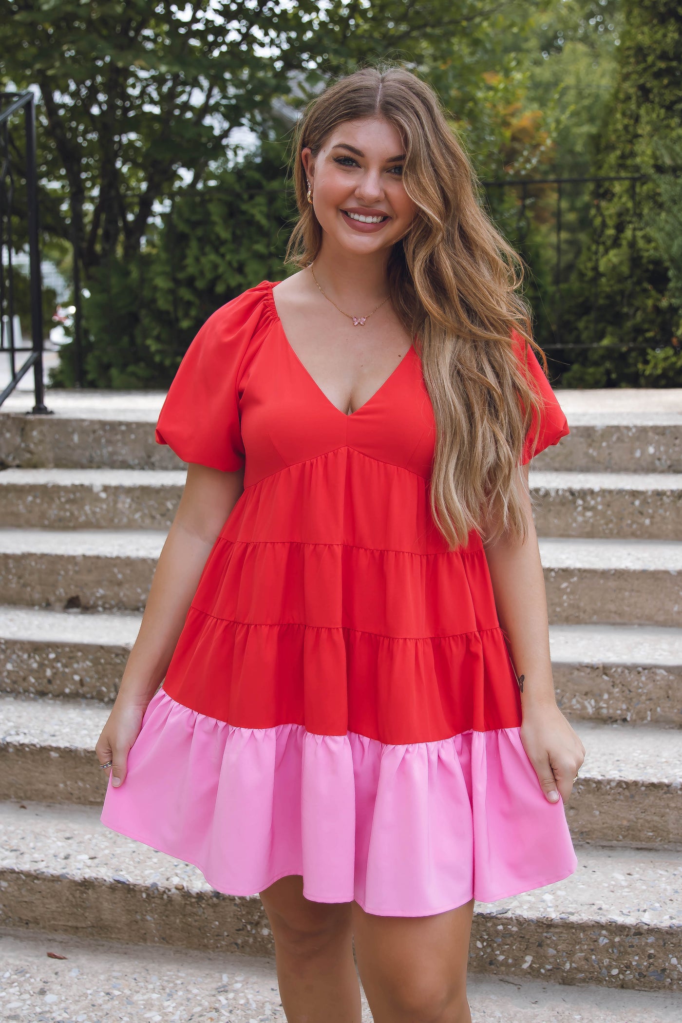 Fun Red And Pink Dress- Preppy Color Block Dress- Red Dress- Dresses with Puff Sleeves