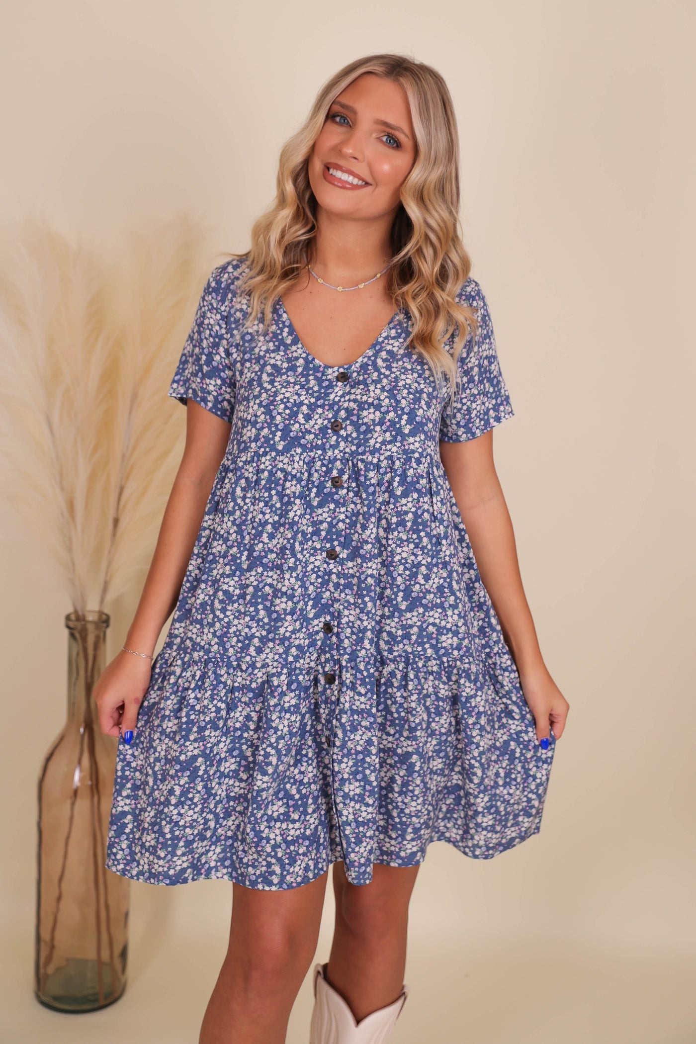 Dainty Floral Print Dress- Tiered Babydoll Doll Dress- Tiered Dress With Buttons