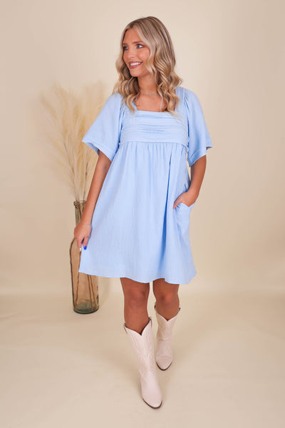 Blue Babydoll Dress- Blue Tunic Dress- Women's Flowy Dress- Dresses With Pockets