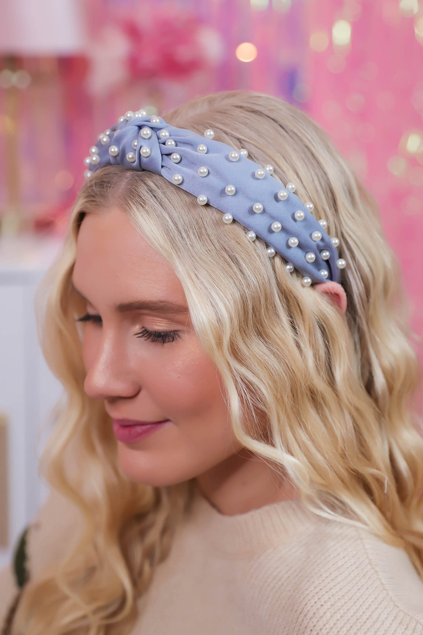 Light Blue Headband with Pearls- Preppy Headband with Pearls-