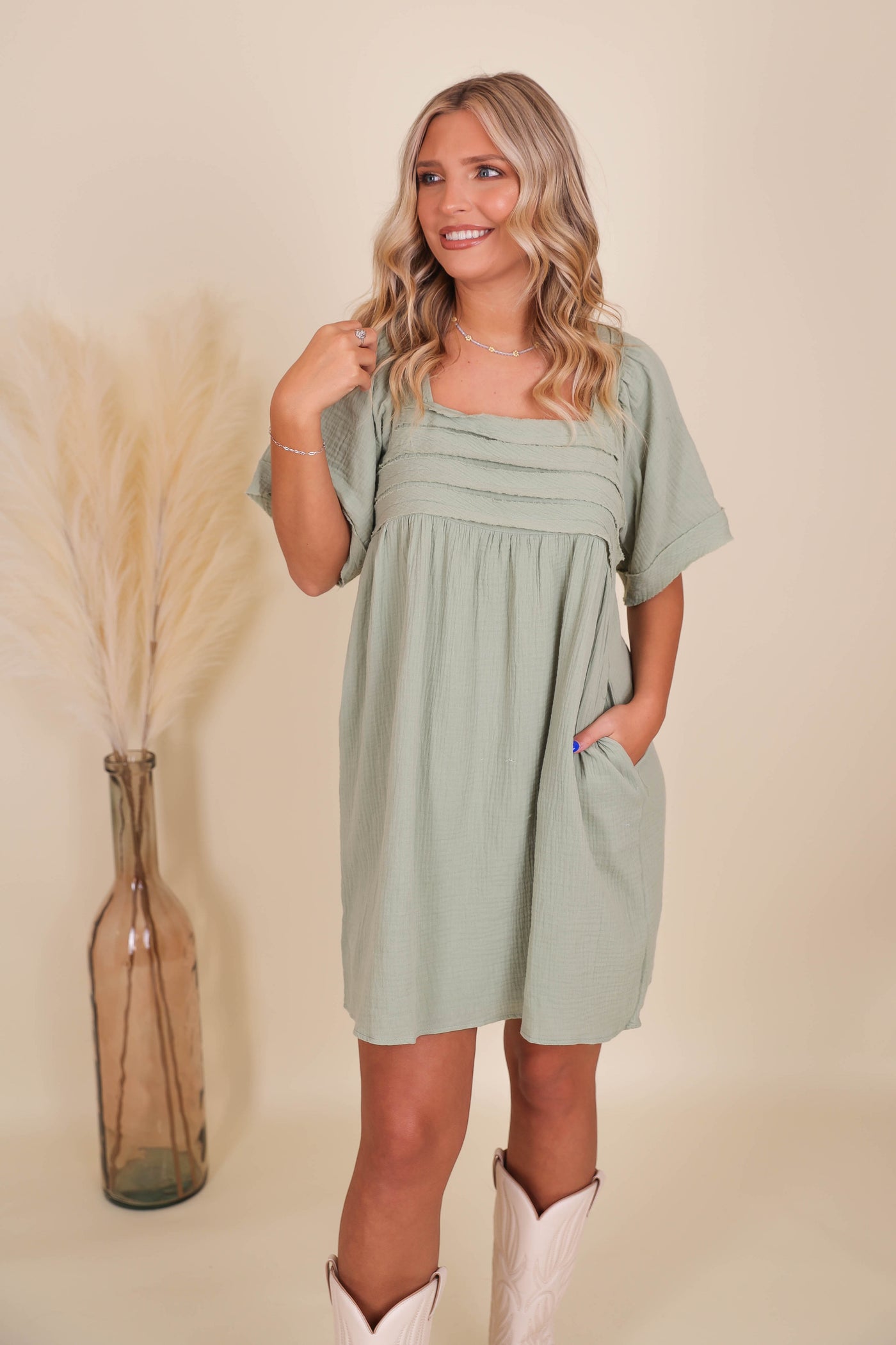 Sage Babydoll Dress- Green Tunic Dress- Women's Flowy Dress- Dresses With Pockets