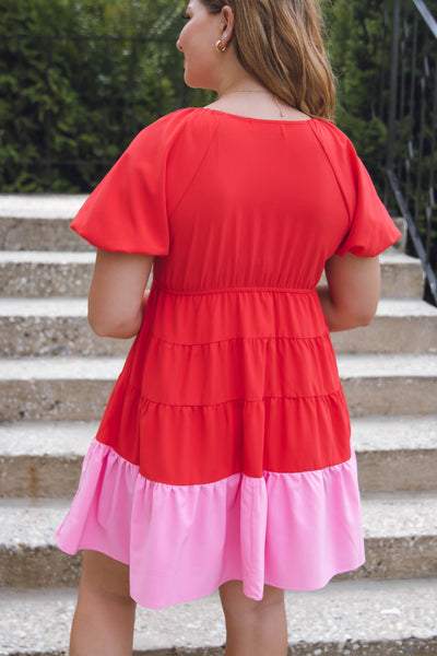 Fun Red And Pink Dress- Preppy Color Block Dress- Red Dress- Dresses with Puff Sleeves