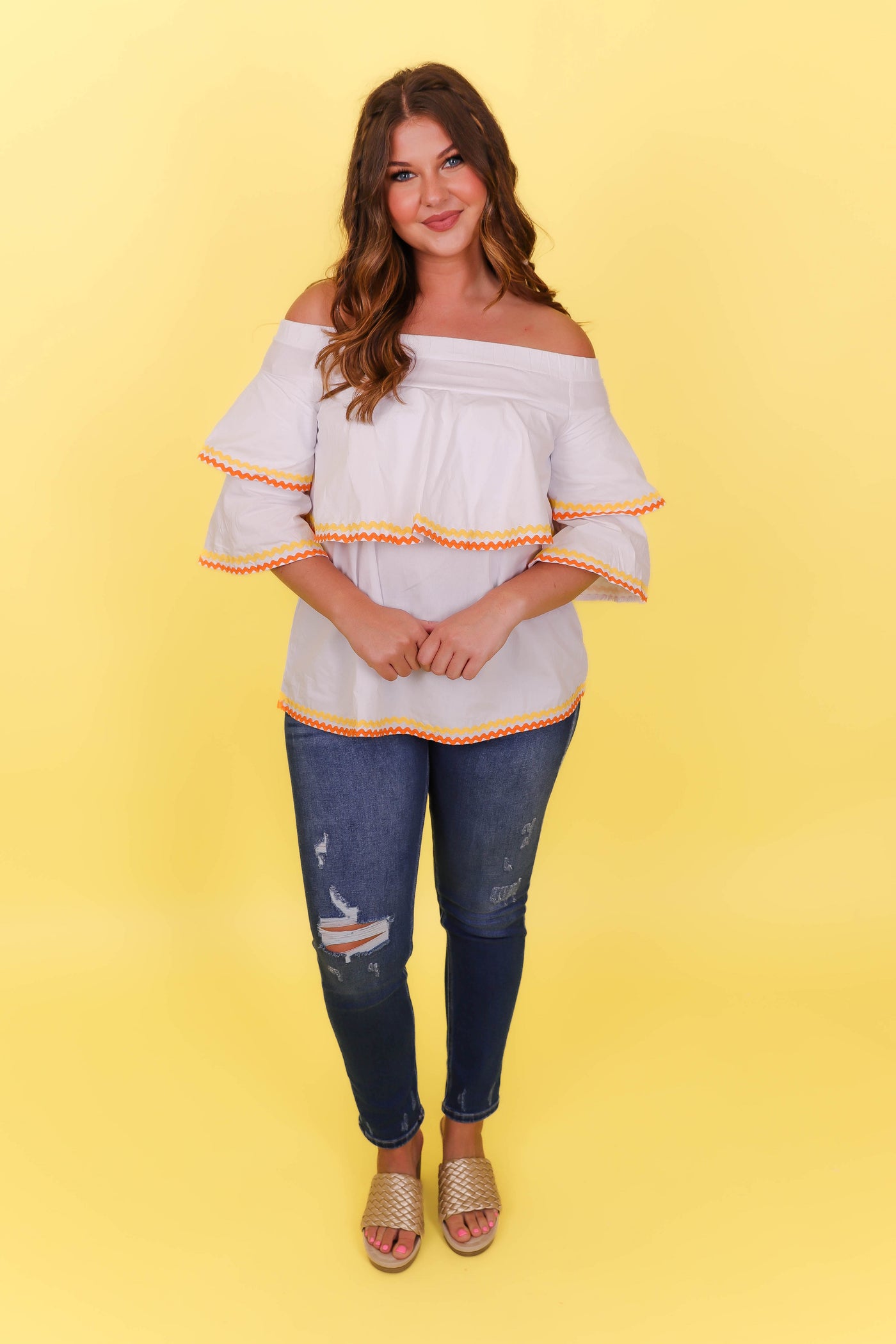 White Ric Rac Cotton Blouse- Women's Preppy Tops- Vacation Outfits For Women