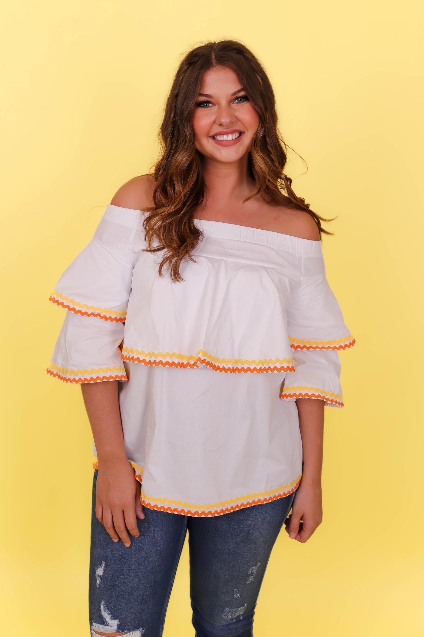 White Ric Rac Cotton Blouse- Women's Preppy Tops- Vacation Outfits For Women