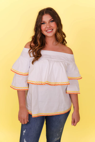 White Ric Rac Cotton Blouse- Women's Preppy Tops- Vacation Outfits For Women