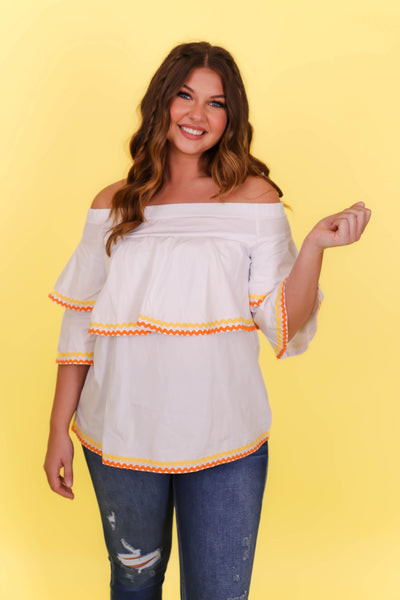 White Ric Rac Cotton Blouse- Women's Preppy Tops- Vacation Outfits For Women