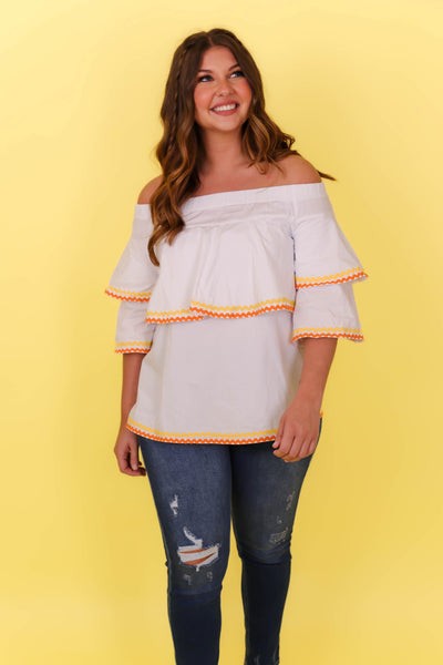 White Ric Rac Cotton Blouse- Women's Preppy Tops- Vacation Outfits For Women