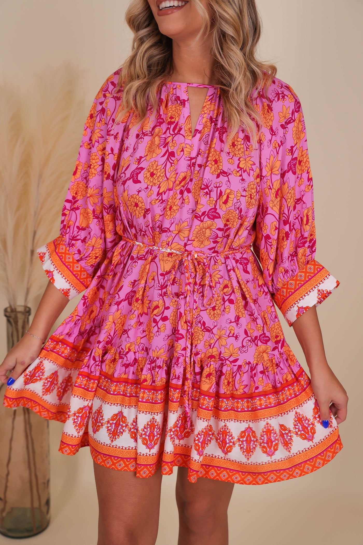 Women's Colorful Print Dress- Women's Dolman Style Dress- Pink Print Dress