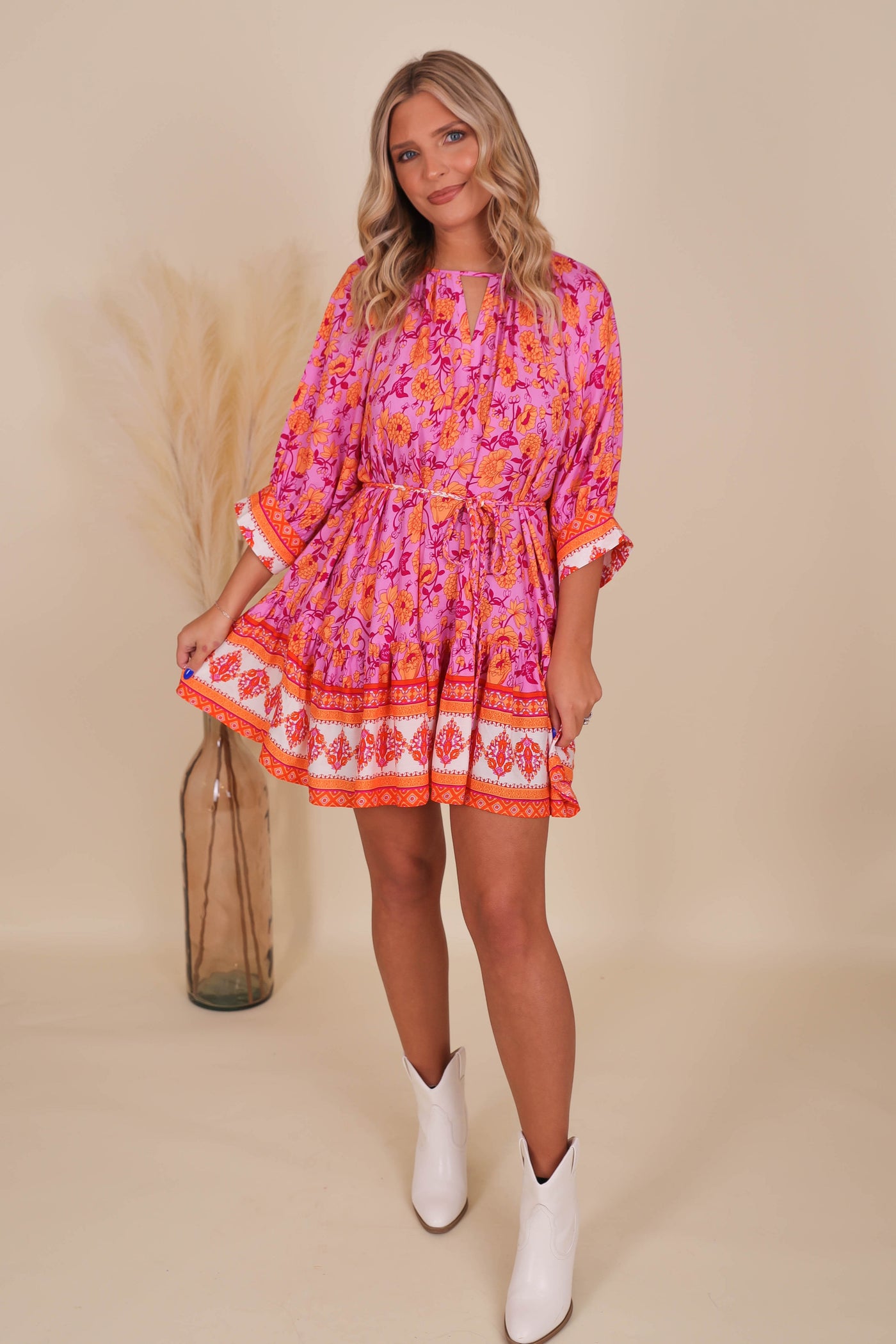 Women's Colorful Print Dress- Women's Dolman Style Dress- Pink Print Dress