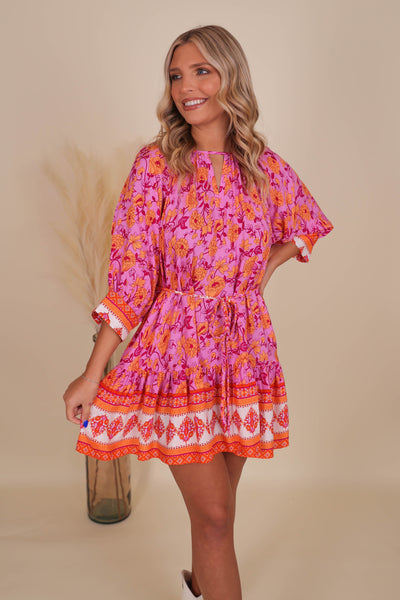 Women's Colorful Print Dress- Women's Dolman Style Dress- Pink Print Dress