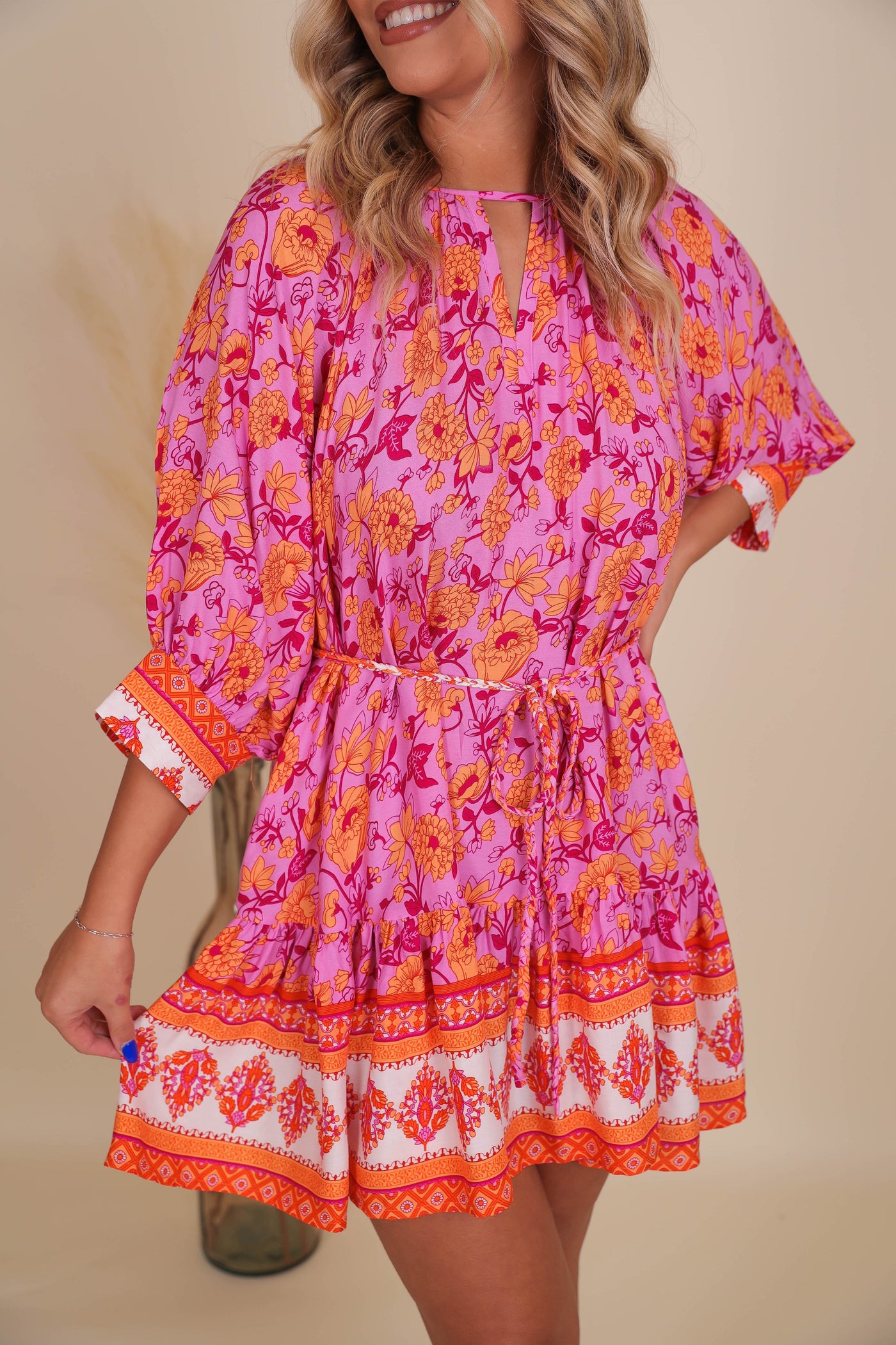 Women's Colorful Print Dress- Women's Dolman Style Dress- Pink Print Dress