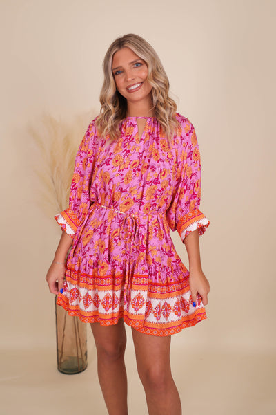 Women's Colorful Print Dress- Women's Dolman Style Dress- Pink Print Dress