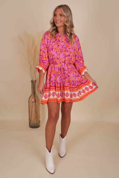 Women's Colorful Print Dress- Women's Dolman Style Dress- Pink Print Dress