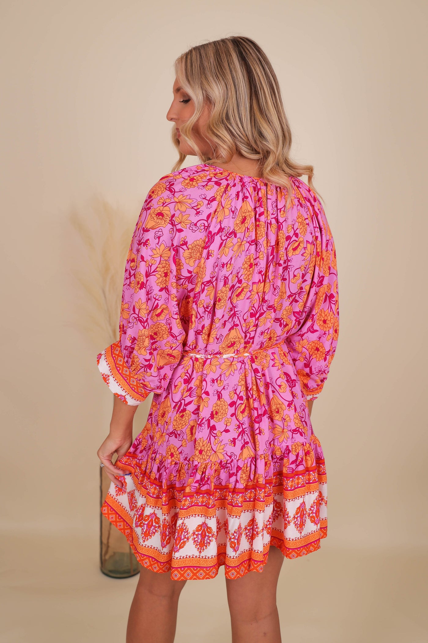 Women's Colorful Print Dress- Women's Dolman Style Dress- Pink Print Dress