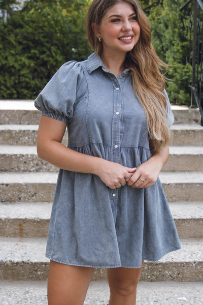 Women's Denim Dress- Denim Shirt Dress- Puff Sleeve Denim Dress- Entro Denim Dress