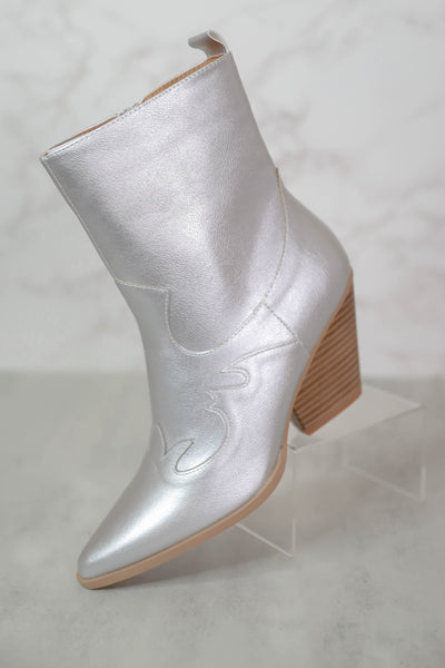 Chic Western Style Boots- Silver Metallic Booties- Mid Calf Booties- Nashville Boots
