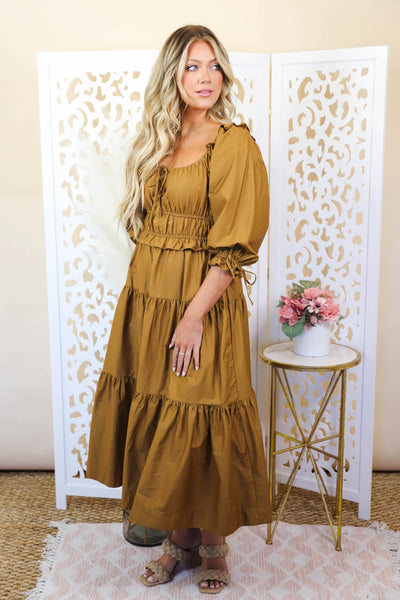 Poplin Puff Sleeve Midi Dress- Brown Puff Sleeve Dress- Cottage Core Style Dresses- &Merci Midi Dress