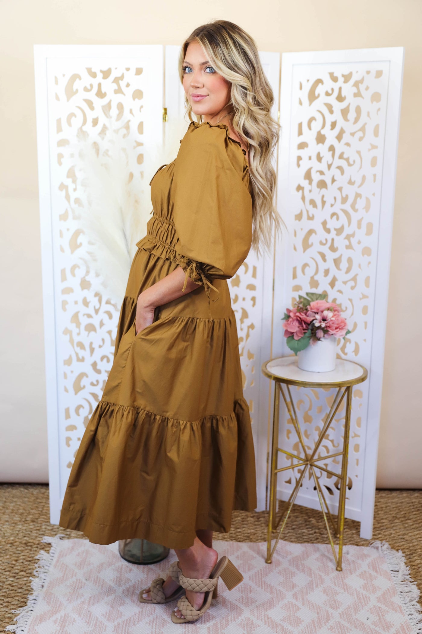 Poplin Puff Sleeve Midi Dress- Brown Puff Sleeve Dress- Cottage Core Style Dresses- &Merci Midi Dress