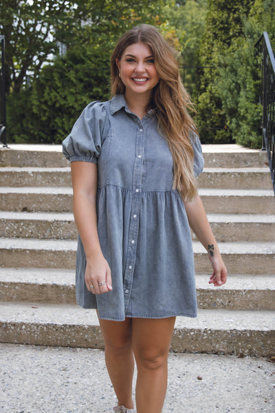 Women's Denim Dress- Denim Shirt Dress- Puff Sleeve Denim Dress- Entro Denim Dress