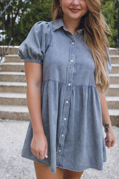 Women's Denim Dress- Denim Shirt Dress- Puff Sleeve Denim Dress- Entro Denim Dress