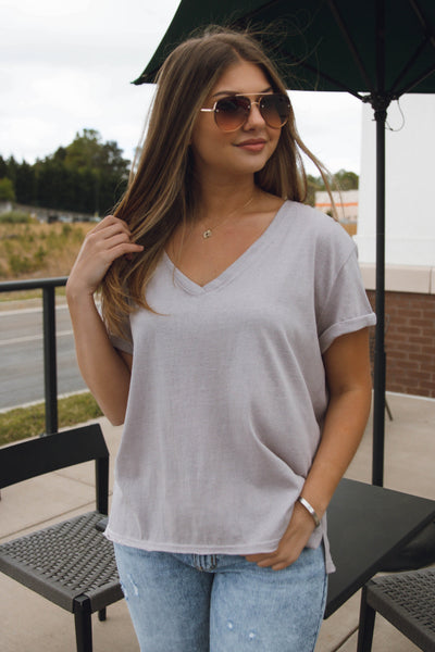 Women's Basic Grey Tee- Grey V-Neck T-Shirt- Women's Basic Tee- $26
