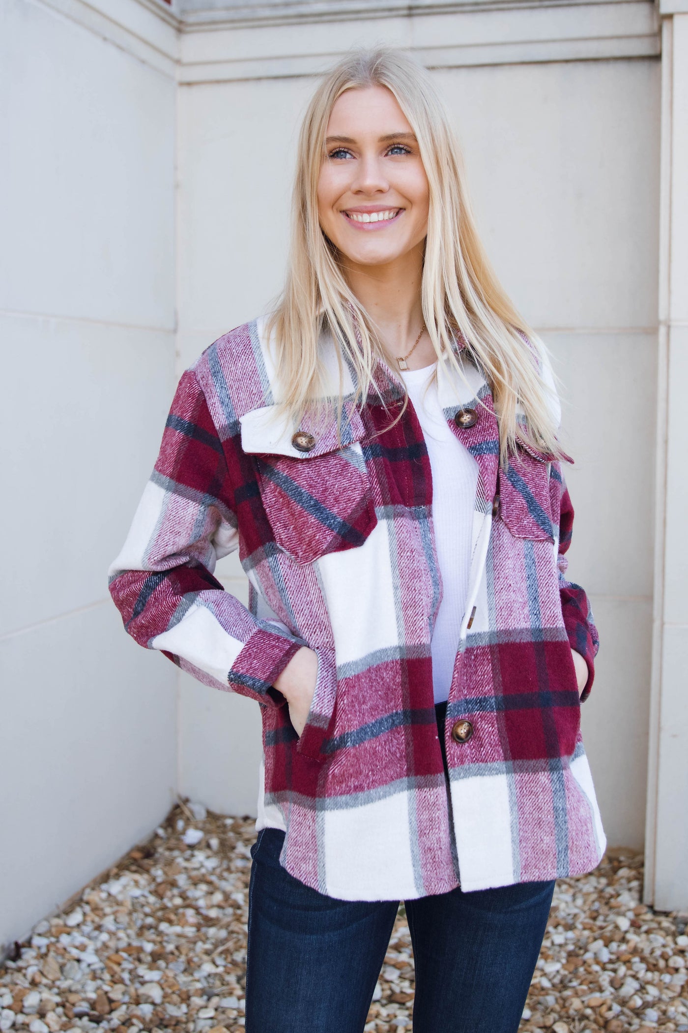 Burgundy Plaid Shacket- Women's Oversized Shacket- Shirt Jacket For Women