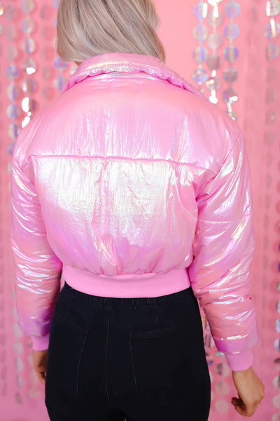 Pink Iridescent Puffer Jacket- Women's Trendy Puffer Jacket- Women's Iridescent Jacket