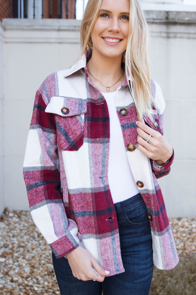 Burgundy Plaid Shacket- Women's Oversized Shacket- Shirt Jacket For Women